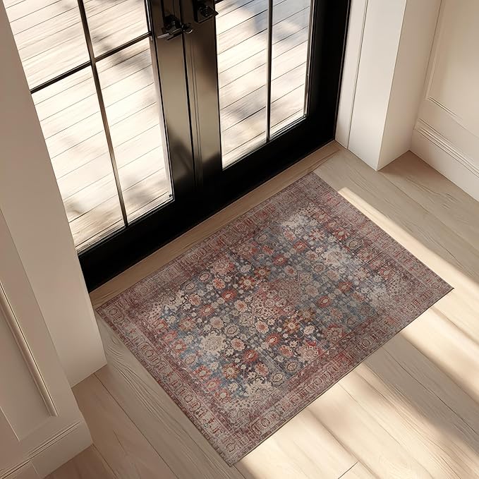 Kuden Area Rug, Machine Washable, Non-Slip Backing, Vintage Style, Soft, Low Pile, Perfect for Living Room, Bedroom, Kitchen, Dining Room - [2x3, Blue/Red/Beige]