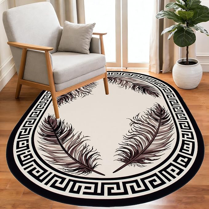 Light Beige Tan Black Greek Key Pattern Bordered Large Rugs for Living Room Bedroom Dining Room Machine Washable Non Skid Soft Area Rug 5x7 Nursery Dorm Guestroom Minimalist Oval Floor Mats Carpet