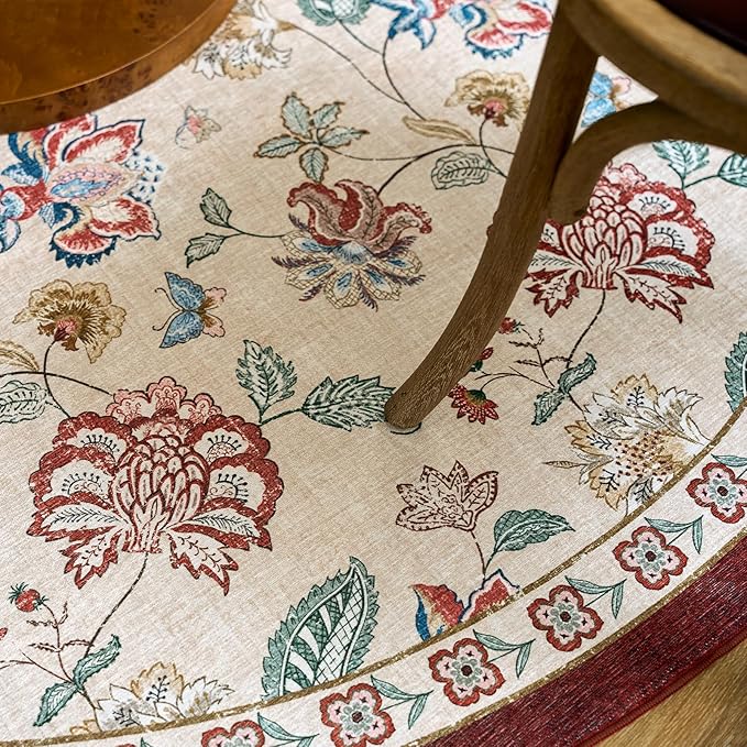 jinchan Elora 8ft Floral Round Rug for Dining Room Washable Living Room Rug Vintage Romance Design Non Slip Indoor Floor Cover Lightweight Low-Profile Throw Carpet for Bedroom Porch Patio, Red/Beige
