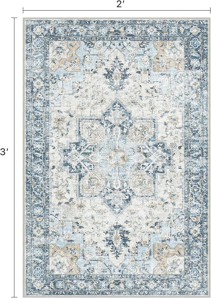 Area Rug 2x3 Doormat, Machine Washable Low Pile Vintage Rugs, Small Lightweight Rug Entryway Indoor Mat for Entrance, Hallway, Kitchen and Corridor, Blue