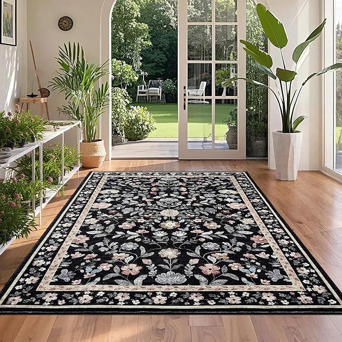 GarveeHome Floral Rug 4 x 6, Non-Shedding Indoor Foldable Printed Rug for Bedroom Kitchen, Non-Slip Soft Vintage Throw Low Pile Farmhouse Washable Carpet, Black