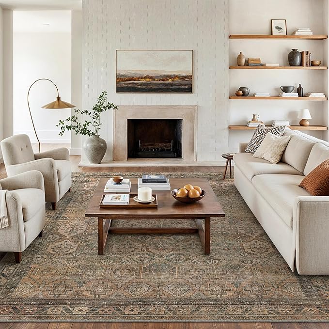 Bavni Washable Rug 8x10 Area Rug for Living Room Bedroom Dining, Washable Vintage Print Carpet, Ultra-Thin Chenille Low Pile Lightweight Rug with Non Slip Backing, Warm Taupe