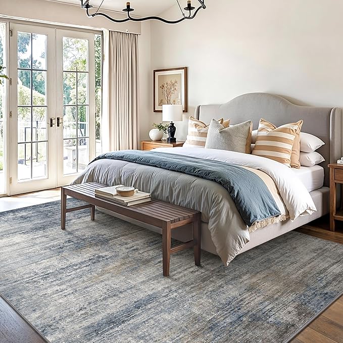 GENIMO Washable Area Rugs for Living Room, 8x10 Modern Non Slip Rugs, Low Pile Lightweight Soft Print Rug for Bedroom, Dining Room, Home Office, Denim Blue Gray