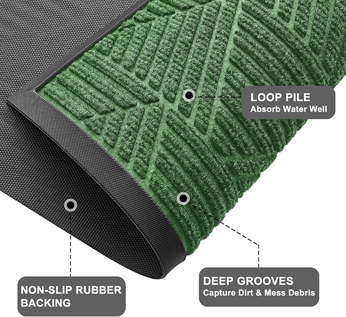 Kitinjoy Front Door Mat Outside Entrance, Sturdy Natural Dirt Trapper, Heavy Duty Rubber Doormat, Low Profile Non-Slip Backing, Easy Clean Floor Mat for Indoor Outdoor Entry, 29.5X17 Inch, Green