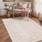 Pink Area Rug 4x5 Office Entryway Rug Machine Washable Kitchen Vintage Distressed Non Slip Carpet Indoor Retro Floral Accent Throw Door Mat for Bathroom Bedroom Dining Living Room