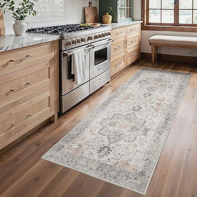 Runner Rug 2'6''x6 Non Slip Machine Washable Vintage Hallway Runner Rug, Low PileLight Weight Rugs for Entryway, Hallway, Kitchen and Corridor, Light Taupe Brown