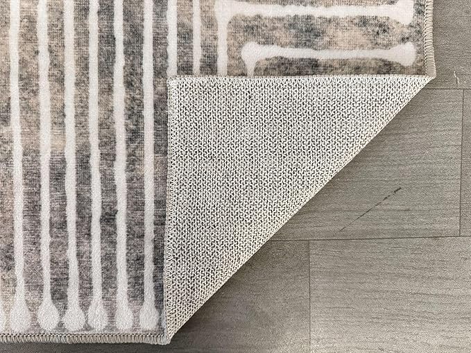 GLN Rugs Contemporary Collection - Machine Washable Area Rug, Contemporary Washable, Non Slip, Low Pile Chenille Rug, Living Room, Bedroom, Kitchen Rug (4' x 6' Lines Cream)