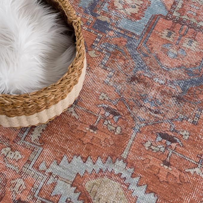 Bloom Rugs Washable 5' x 7' Rug - Terracotta/Blue Traditional Area Rug for Living Room, Bedroom, Dining Room, and Kitchen - Exact Size: 5' x 7'