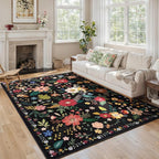5x7 Washable Rug for Living Room, Floral Black Area Rug, Non Slip Low Pile Soft Flower Carpet, Large Rugs for Bedroom, Dining Room, Office, Kids Playroom, Nursery
