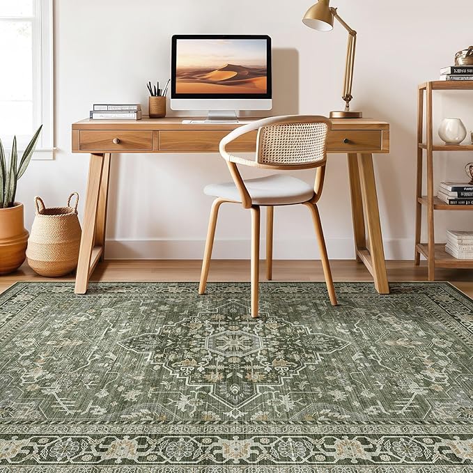 9x12 Area Rug Living Room: Washable Boho Large Neutral Vintage Soft Rugs Stain Resistant Farmhouse Non Slip Indoor Floor Carpet for Bedroom Nursery Kids Playroom Office Dining Room Home- Dark Green