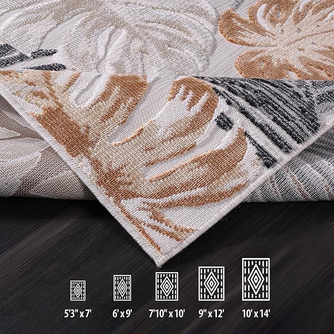 CAMILSON Indoor Outdoor Rug, Yellow 5x7 Leaf Tropical Botanical Area Rugs for Indoor and Outdoor patios, Easy-Cleaning Non-Shedding Living Room, Garden and Kitchen Washable Outside Carpet (5 x 7)