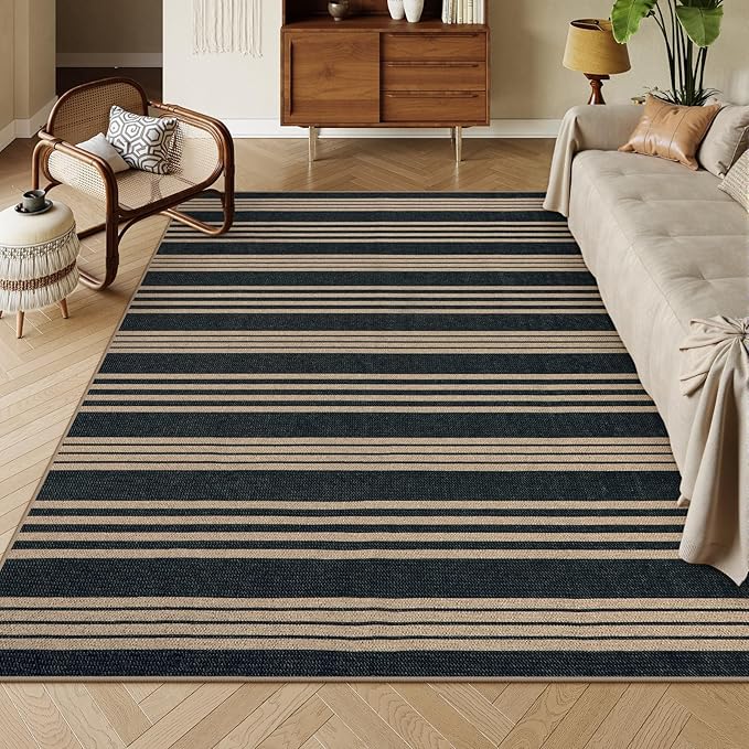 Lahome Striped Easy Jute Rugs for Living Room, 6x9 Washable Indoor Outdoor Patio Rug, Neutral Thin Non Slip Non Shedding Black Dining Room Carpet for Under Table Mudroom Classroom