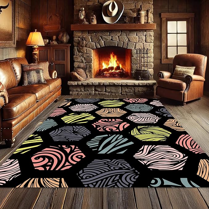 Large Living Room Area Rug 7x10ft,Modern Geometric Rugs, Multicolor Low Pile Farmhouse Carpet, Machine Washable & Non-Slip Non-Shedding for Classroom, Bedroom & Dorm