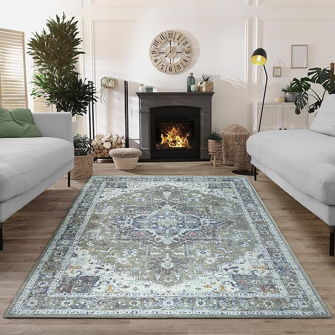 Bloom Rugs Washable Non-Slip 3' x 5' Rug - Green/Blue Traditional Medallion Area Rug for Living Room, Bedroom, Dining Room, and Kitchen - Exact Size: 3' x 5'