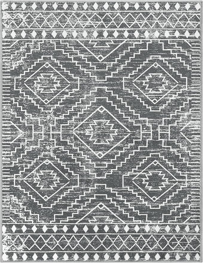 Wonnitar Moroccan 5x7 Washable Rug, Large Grey Area Rug for Living Room, Non-Slip Boho Bedroom Carpet Thin Soft Non-Shedding Farmhouse Rug for Dining Room Table Kitchen Home Office (Dark Grey,5'x7')