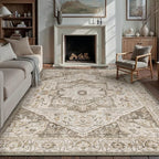 Brown Area Rug 9x12 Vintage Washable Distressed Living Room Carpet Large Indoor Non Slip Traditional Medallion Retro Low Pile Accent Throw Rug Bedroom Kitchen Office Dining Room