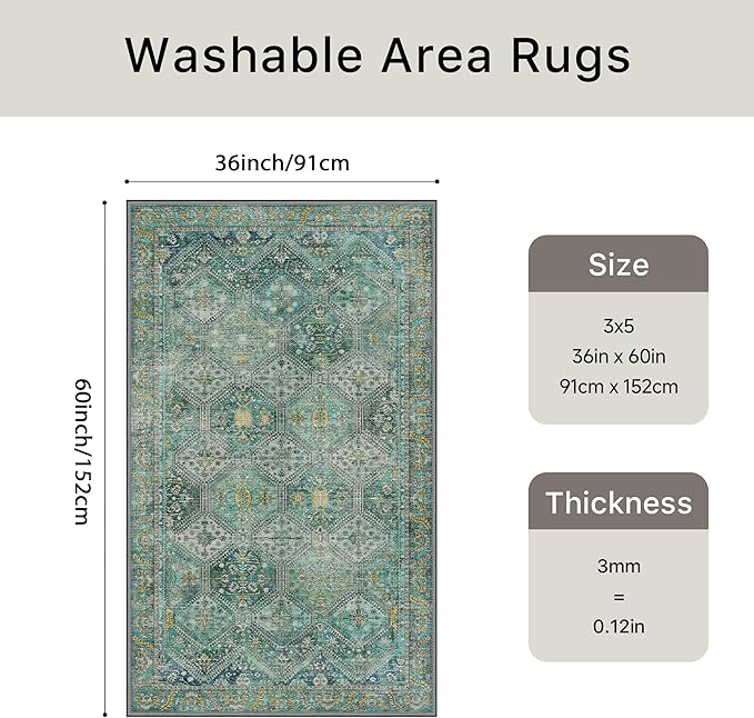 Bavni 3x5 Area Rugs for Living Room, Machine Washable Rug Non Slip, Vintage Chenille Distressed Print Carpet, Large Low Pile Ultra-Thin Lightweight Rugs for Bedroom, Dining Room, Home, Office, Cyan