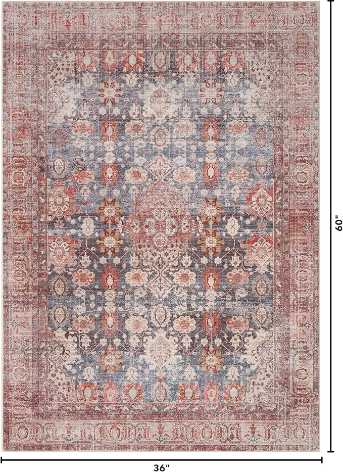 Kuden 3x5 Small Rug, Machine Washable, Non-Slip Backing, Vintage Style, Soft, Low Pile, Area Rugs for Entryway Kitchen Indoor Entrance