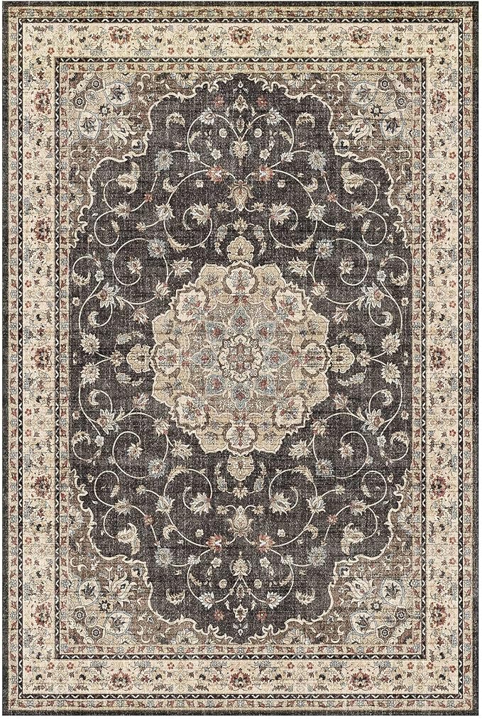 HUGEAR Machine Washable Area Rugs 6x9 Vintage Black Living Room Bedroom Rug Neutral Style Non Slip Stain Resistant Low Pile Throw Carpet for Home Retro Aesthetic Modern Decor