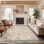 Bavni Area Rug 3x5, Non-Slip Washable Rugs for Living Room Office, Boho Distressed Printed Rug, Low Pile Foldable Decorative Carpet for Bedroom Kitchen Office, Ivory/Teal