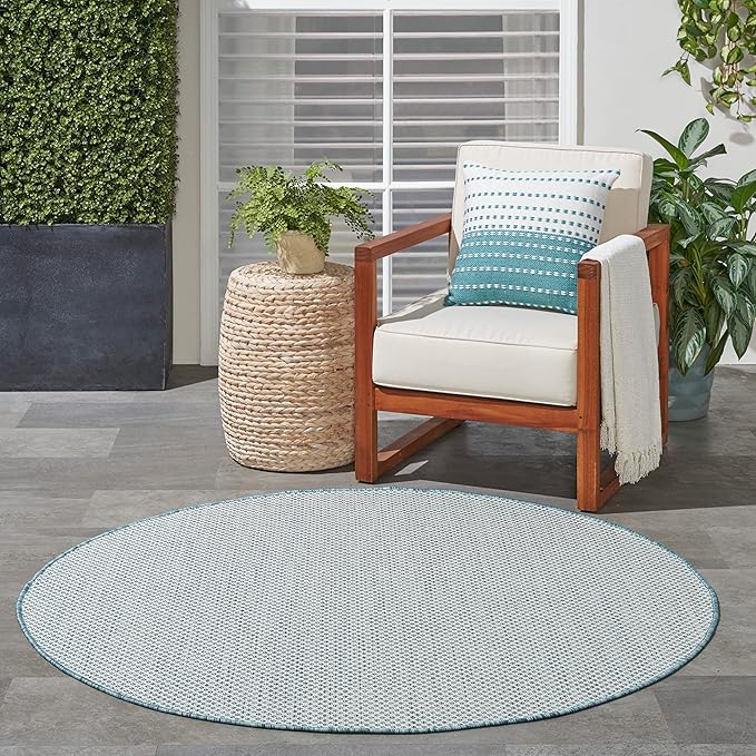 Nourison Home Courtyard Ivory Aqua 4' x Round Area Rug - Easy Clean, Non Shedding, Bed Room, Living Room, Dining Room, Kitchen (4' x Round)
