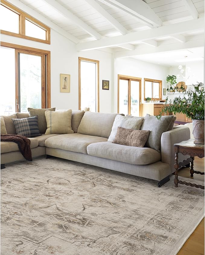 RUGGABLE Washable Vintage Area Rug – Sarrah Hazel 9x12, Stain-Resistant, Non-Slip – Large Machine Washable Rugs for Living Room, Bedroom, Hallway, Entryway & Office–with Standard Pad