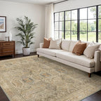 Bavni Washable Rug 9x12 Area Rug for Living Room Bedroom Dining, Washable Vintage Print Carpet, Ultra-Thin Chenille Low Pile Lightweight Rug with Non Slip Backing, Wood