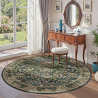 6ft Round Area Rugs for Living Room, Washable Floral Circle Rug Non Slip Low Pile, Vintage Boho Botanical Birds Throw Carpet for Farmhouse, Bedroom, Dining Room, Retro Gold/Green