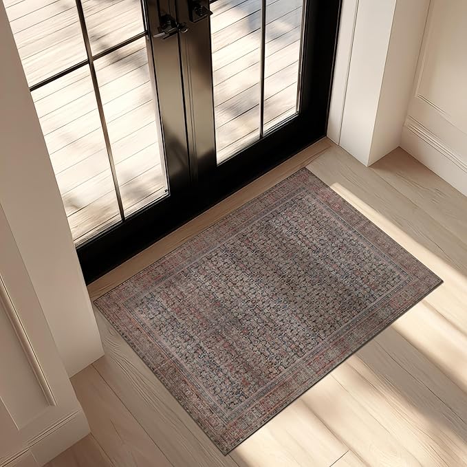 Kuden 3x5 Small Rug, Machine Washable, Non-Slip Backing, Vintage Style, Soft, Low Pile, Area Rugs for Entryway Kitchen Indoor Entrance