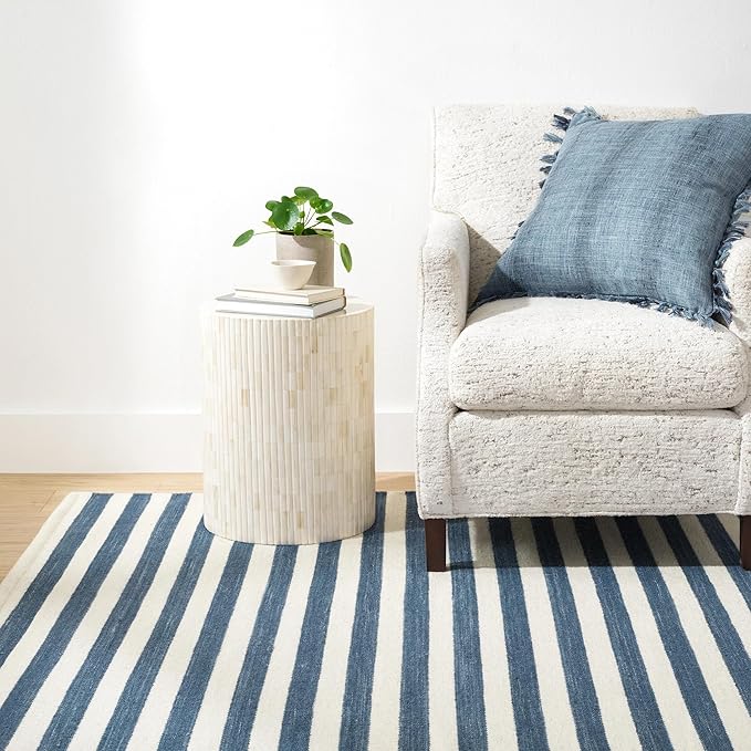 Home Conservatory Ladder Stripe Navy/Ivory Handwoven Wool 8 X 10 Feet, Blue/Ivory Stripe Pattern