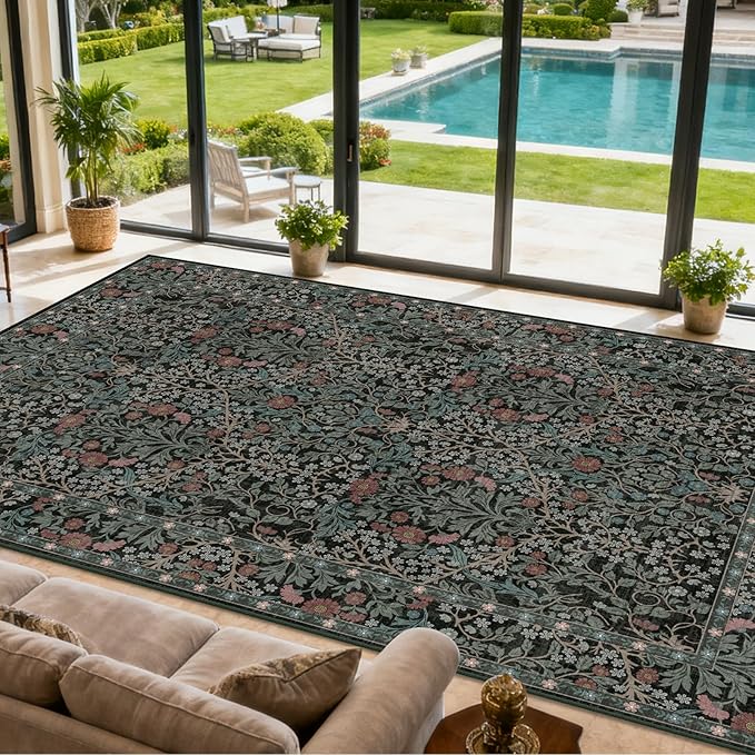 Extra Large 10x14 Area Rug for Living Room, Washable Rugs for Dining Room, Bedroom, Non Slip Stain Resistant Carpet, Low Pile Vintage Floral Rug (Dark Green)