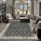 HUGEAR 6x9 Machine Washable Rugs Black Beige Hallway Large Area Rug Indoor Accent Rug Floral Low Pile Carpet Soft Throw Aesthetic Rug Bedroom Living Room Office Dining Room Laundry Room