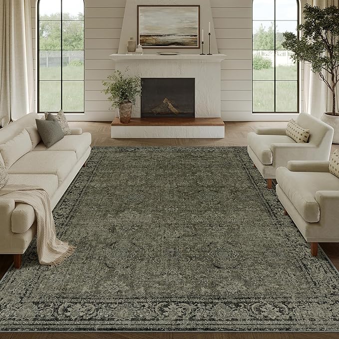 Vintage Area Rug 8x10 Washable Olive Brown Living Room Carpet Large Indoor Non Slip Bedroom Low Pile Kitchen Distressed Retro Accent Throw Rug for Dining Room