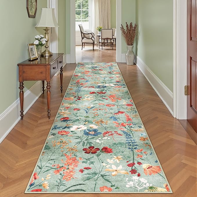 Floral Runner Rug 3x12 Washable Hallway Long Green Bedroom Carpet Non Slip Indoor Boho Kitchen Low Pile Accent Rug Lightweight Soft for Bathroom Dining Laundry Living Room