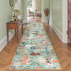 Floral Runner Rug 3x12 Washable Hallway Long Green Bedroom Carpet Non Slip Indoor Boho Kitchen Low Pile Accent Rug Lightweight Soft for Bathroom Dining Laundry Living Room
