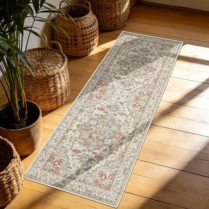 Enkor Runner Rugs for Hallway, 2x6 Washable Soft Boho Non Slip Floor Rugs for Kitchen, Modern Mat for Living Room Bedroom Entryway Beige & Orange