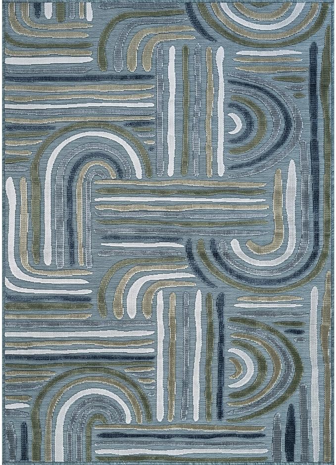 CAMILSON Indoor Outdoor Rug, Aqua 8x10 Geometric Arch Striped Area Rugs for Patio and Home Areas, Easy-Cleaning Non-Shedding Living Room, Garden and Deck Washable Outside Carpet (8 x 10)
