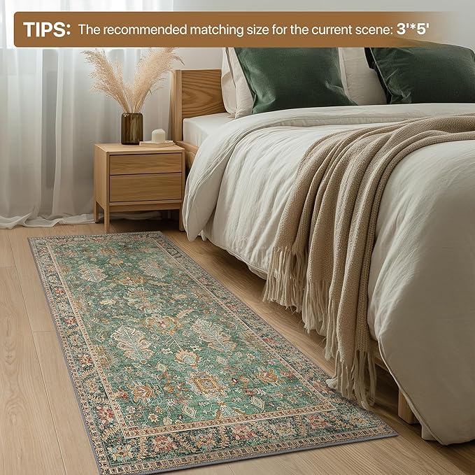 Bavni Runner Rug, Machine Washable Rugs for Bedroom 2x10, Non Slip Boho Rugs with Rubber Backing, Ultra-Thin Folable Rug Runner for Hallways Bathroom, Sage/Gold