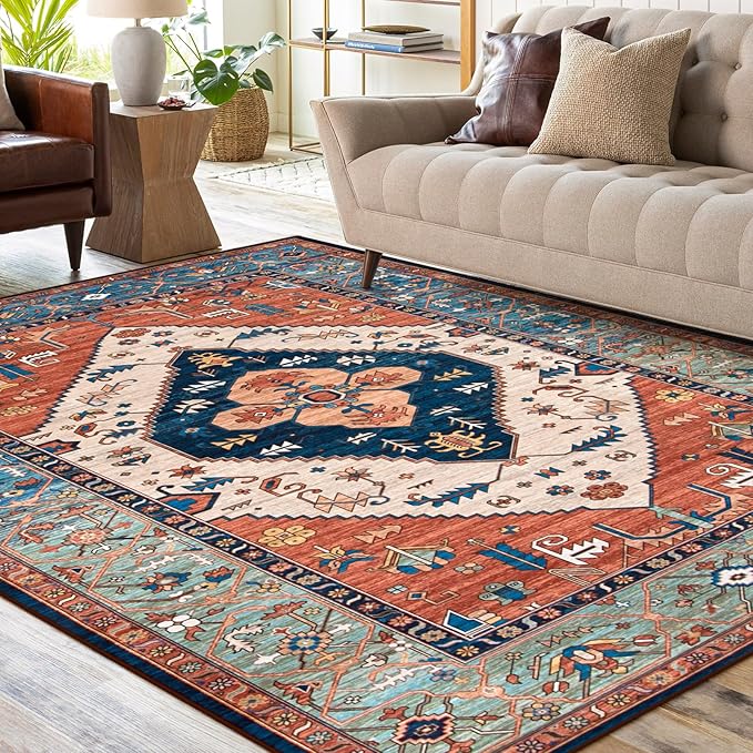 Lahome Oriental Washable Rug 6x9, Non-Slip Ultra-Thin Living Room Area Rug, Stain Resistant Vintage Carpet for Bedroom Dining Room Office