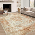 Vintage Living Room Area Rug - 6x9 Large Machine Washable Boho Moroccan Rug Distressed Farmhouse Rugs for Bedroom - Soft Non-Slip Indoor Carpet for Dining Room Office Nursery (Brown, 6'x9')
