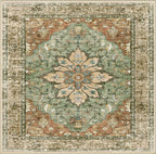 Area Rugs Square 10ft Washable Non-Slip, Floral Vintage Distress Print Pattern Medallion Carpet for Living Room Bedroom Dining Room, Brick Red Rust Neutral Brown Burnt Orange Green