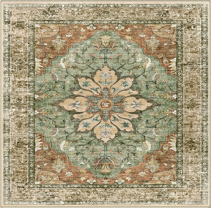 Area Rugs Square 6ft Washable Non-Slip, Floral Vintage Distress Print Pattern Medallion Carpet for Living Room Bedroom Dining Room, Brick Red Rust Neutral Brown Burnt Orange Green