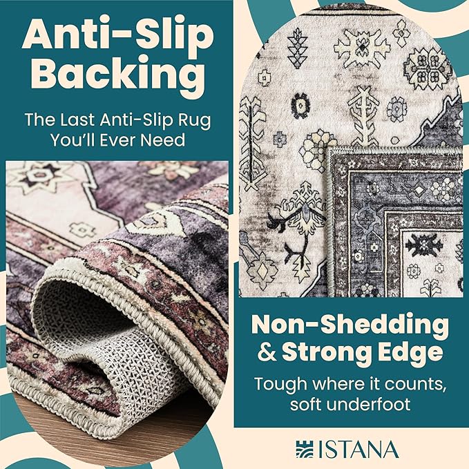 Istana 4x6 Rug - Dark Grey Blue & Rose Mauve Area Rugs 4x6 - Kid & Pet Friendly Machine Washable Rugs - 4 x 6 Area Rug Non Slip & Non Shedding Area Rug - Foldable Rug for Room for Bedroom
