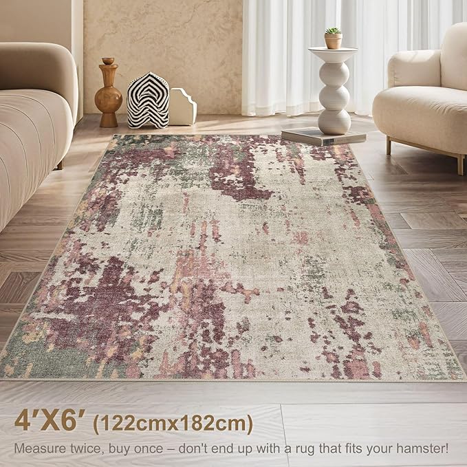 4x6 Area Rug Living Room Rugs - Washable Neutral Modern Abstract Soft Thin Rug Indoor Floor No Slip Rug Carpet for Bedroom Under Dining Table Home Office Decor - Purple/Green/Beige