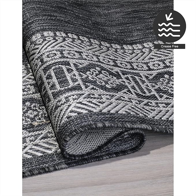 FH Home Flat Woven Outdoor Rug - Waterproof, Easy to Clean, Stain Resistant - Premium Polypropylene Yarn - Bordered Moroccan - Patio, Porch, Deck, Balcony - Accra - Charcoal - 5ft 2in x 7ft 6in