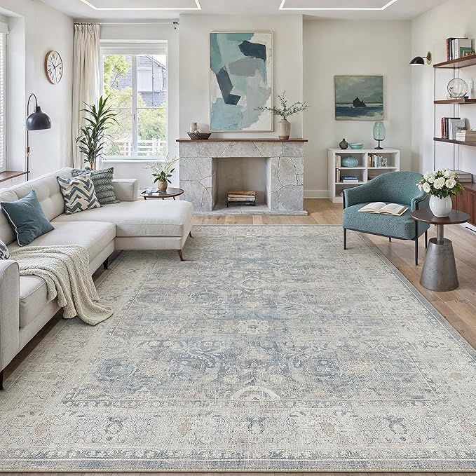 9x12 Blue Area Rug for Living Room Bedroom Neutral Soft Non Slip Rug Low Pile Vintage Distressed Large Carpet for Dining Room Nursery Office Indoor