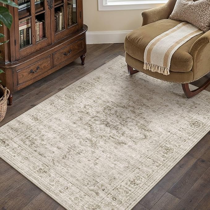 HUGEAR Washable 3x5 Area Rugs Retro Beige Living Room Bedroom Rug Vintage Distressed Non Slip Stain Resistant Low Pile Neutral Throw Carpet for Home Decor
