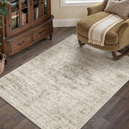 HUGEAR Washable 3x5 Area Rugs Retro Beige Living Room Bedroom Rug Vintage Distressed Non Slip Stain Resistant Low Pile Neutral Throw Carpet for Home Decor