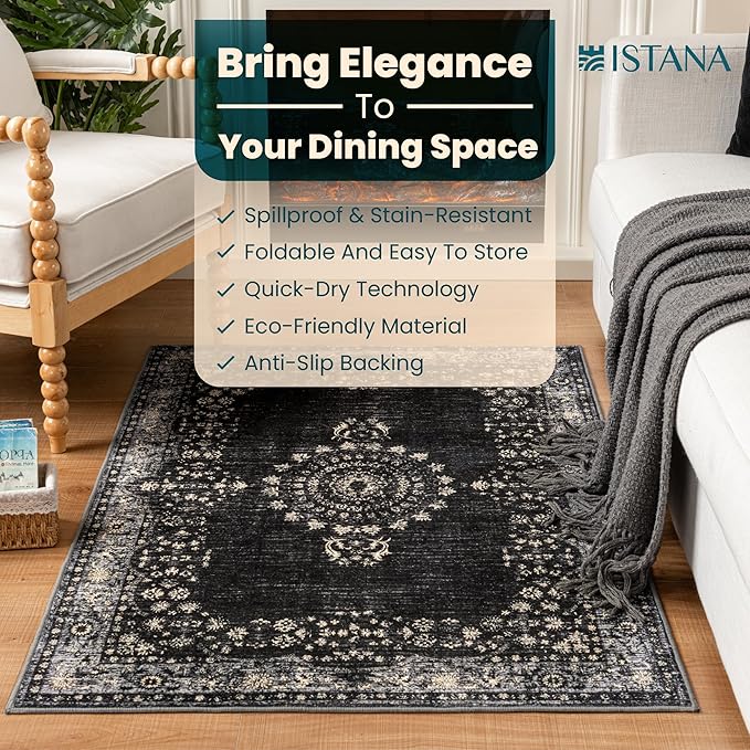 Istana 3x5 Area Rug - Black Modern Rugs for Living Room 3x5 - Foldable Rugs for Bedroom/Living Room Rug - Stain Resistant Washable Rug - Eco-Friendly Small Area Rugs