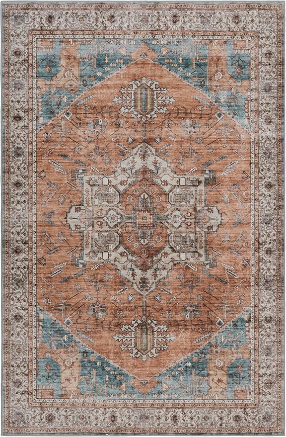 GLN Rugs Traditional Collection - Machine Washable Area Rug, Traditional Washable, Non Slip, Low Pile Chenille Rug, Living Room, Bedroom, Kitchen Rug (8' x 10' Terra/Multicolor)